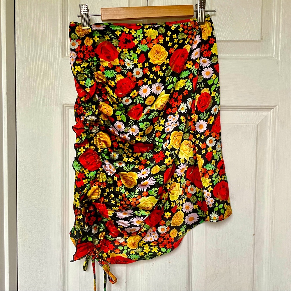 Delfi Silk Floral Skirt with Ruching & Ruffle